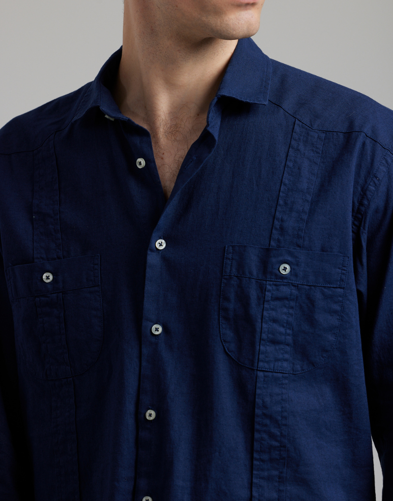 Camisa cubana lino algodón azul marino