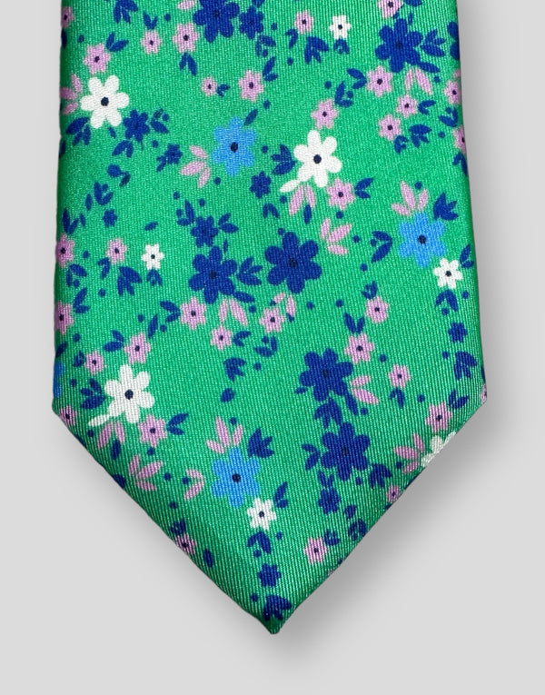 Corbata seda twill  flores verde