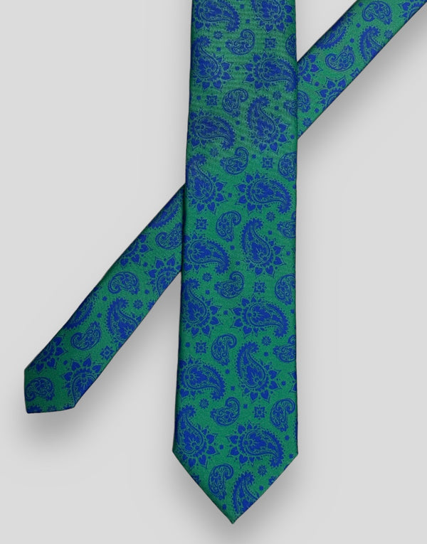 Corbata seda twill verde cachemir azul