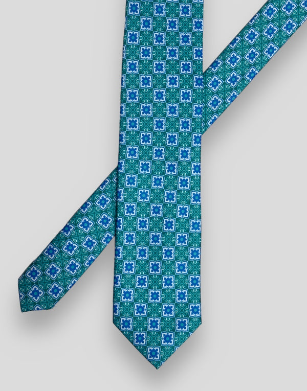 Corbata verde estampado mosaico azul