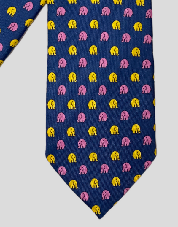 Corbata seda twill azul marino elefantes multicolor