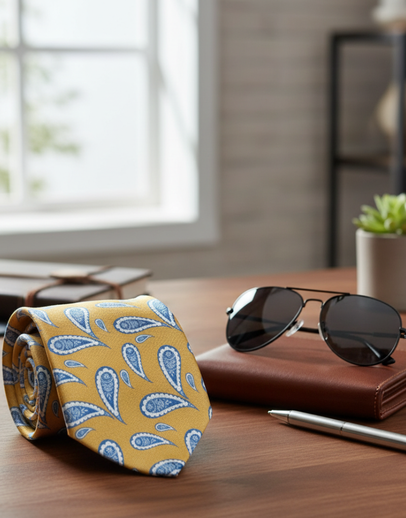 Corbata seda twill mostaza ameba azul