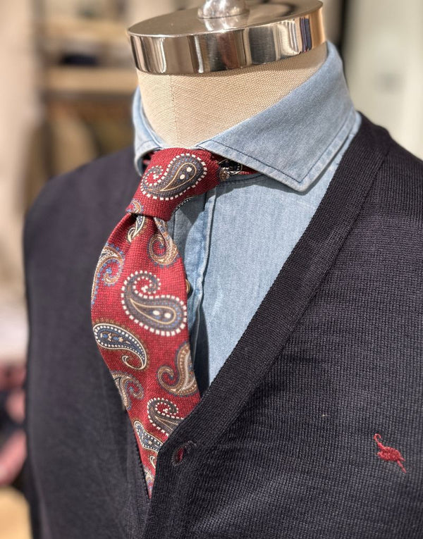 Corbata burdeos con cachemir azul y camel