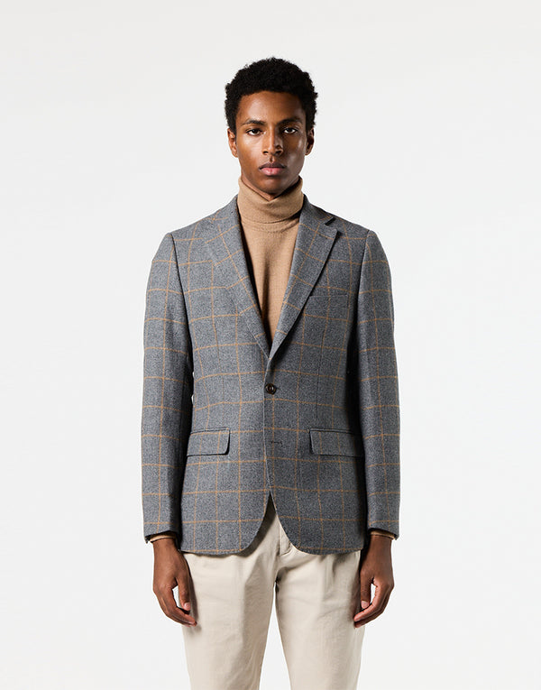 Americana gris cuadro ventana camel