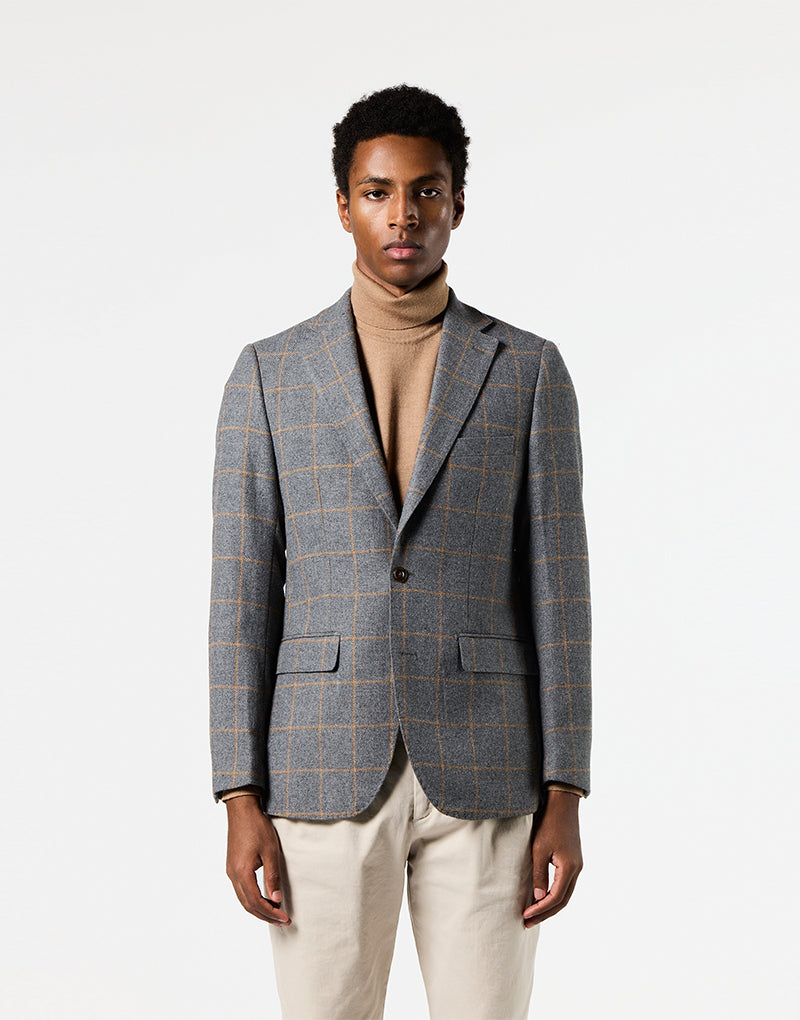 Americana gris cuadro ventana camel