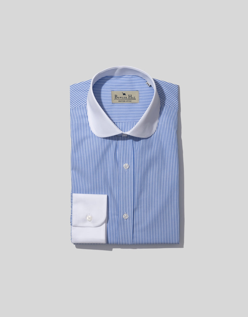 Camisa rayas  azul cuello redondo blanco