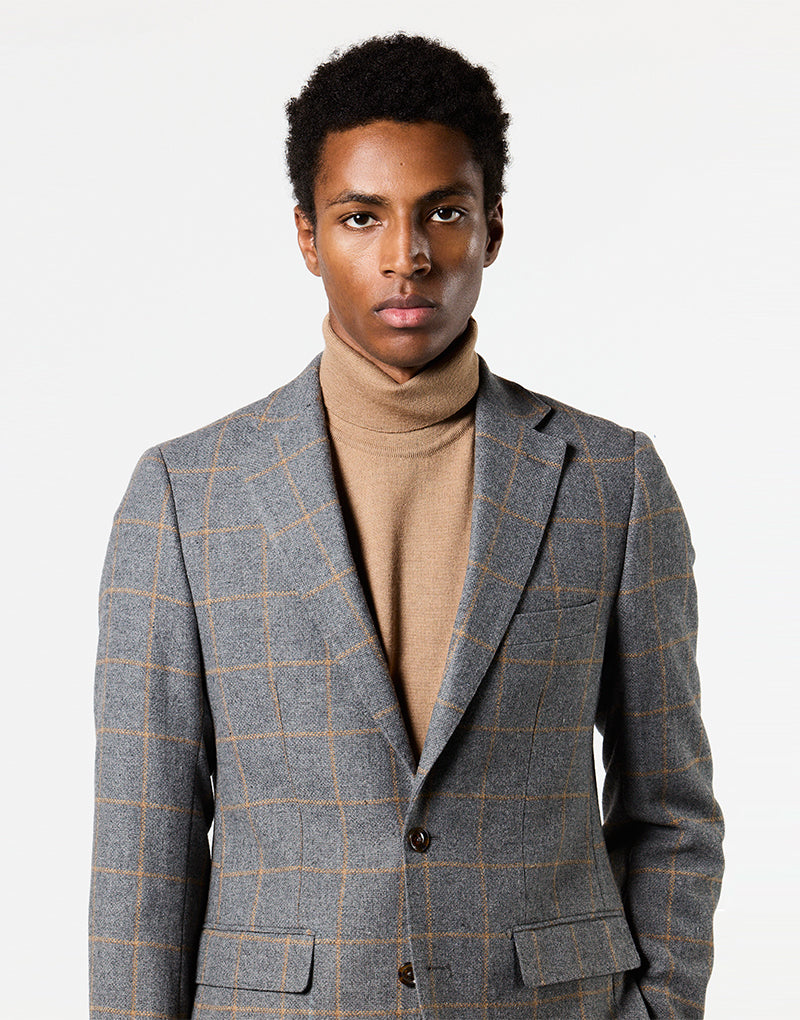 Americana gris cuadro ventana camel