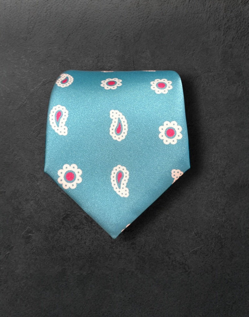 Corbata turquesa mini cachemir fucsia