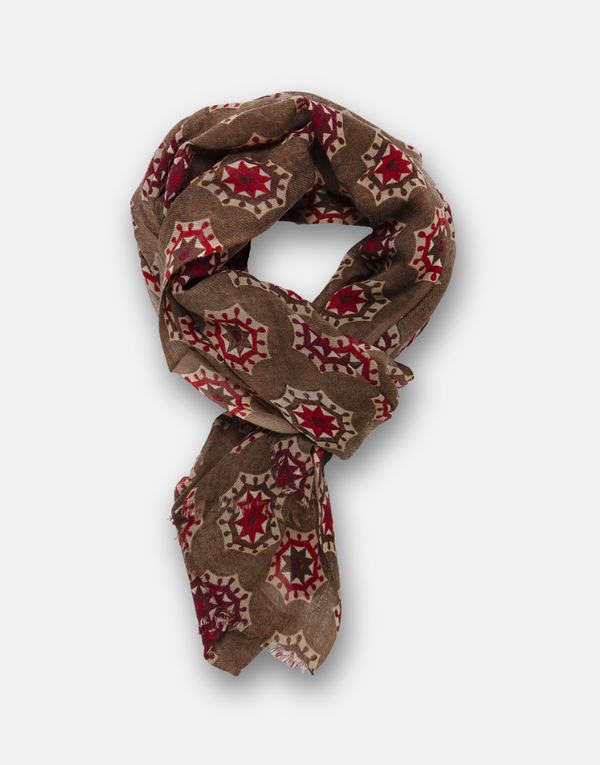 Foulard lana camel dibujos granate y marrón