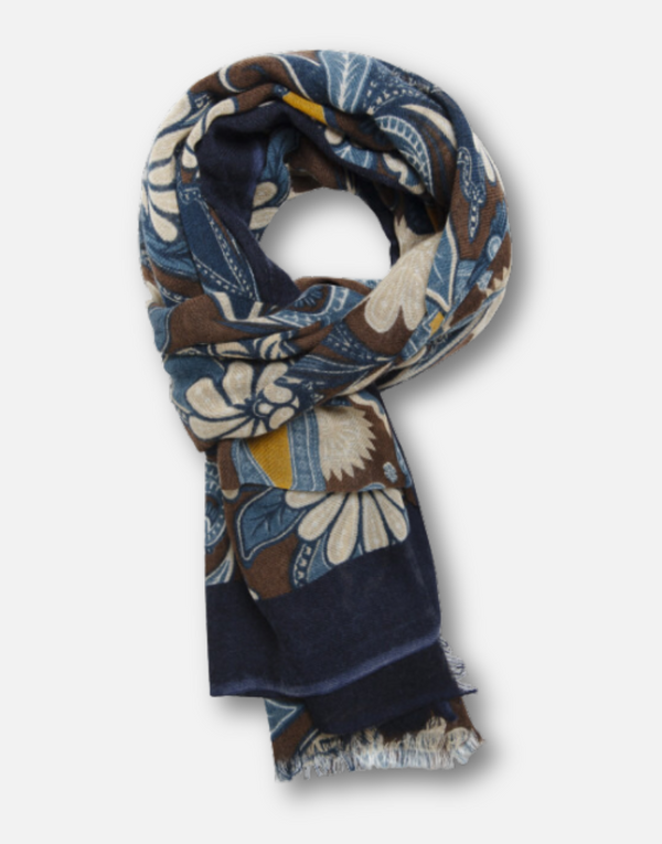 Foulard lana marrón flores azules y ocre