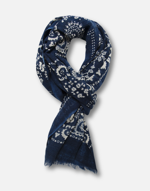 Foulard lana  azul marino motivos blancos