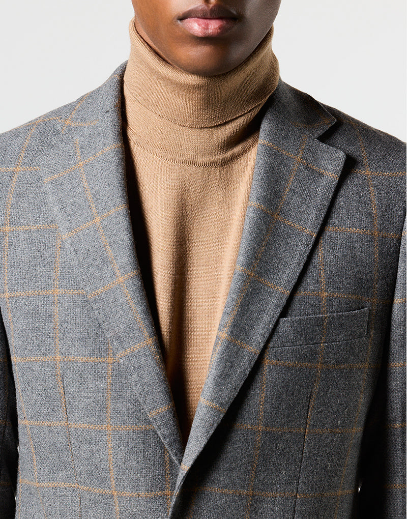 Americana gris cuadro ventana camel