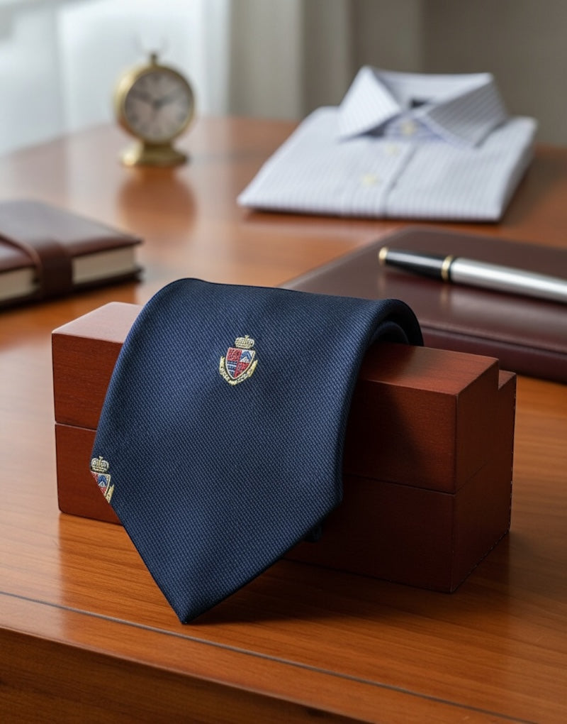 Corbata seda jacquard escudos marino