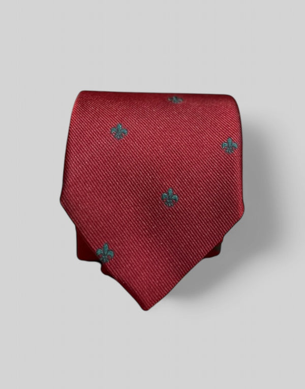 Corbata seda jacquard burdeos flor lis verde botella