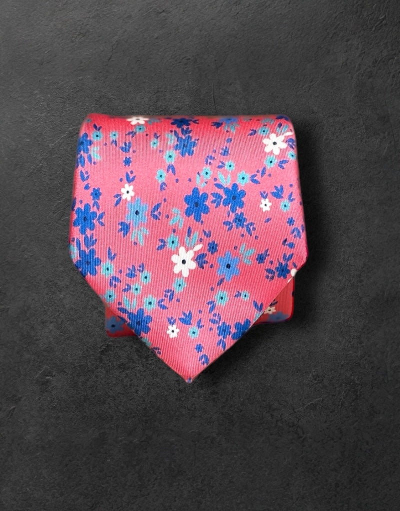 Corbata seda twill  flores fucsia