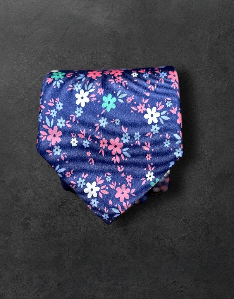 Corbata seda twill  flores marino
