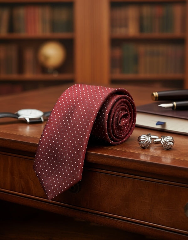 Corbata seda twill burdeos topito  blanco