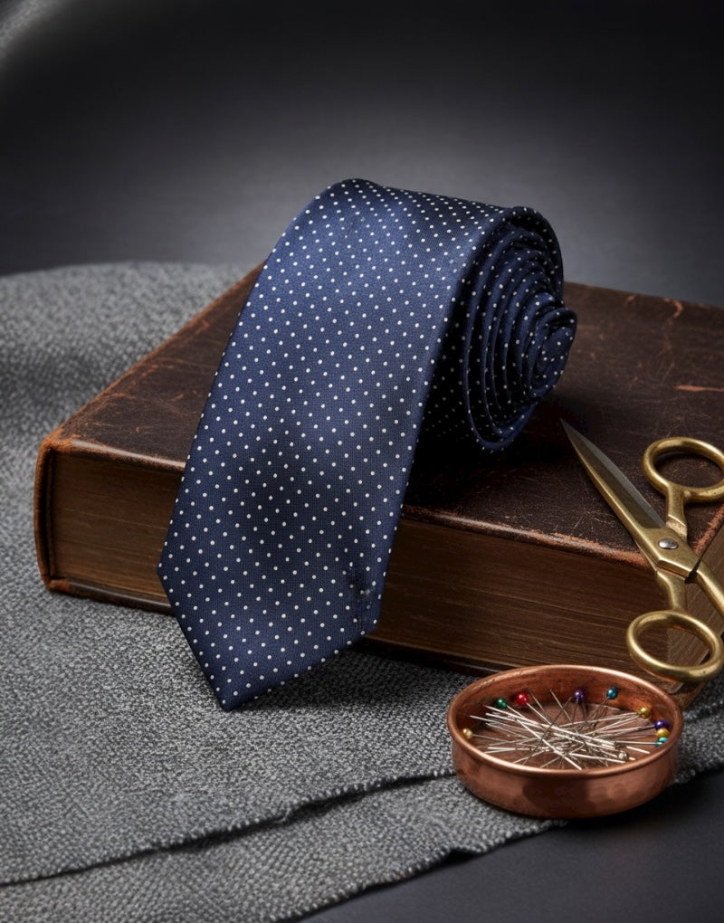 Corbata seda twill azul marino topito blanco