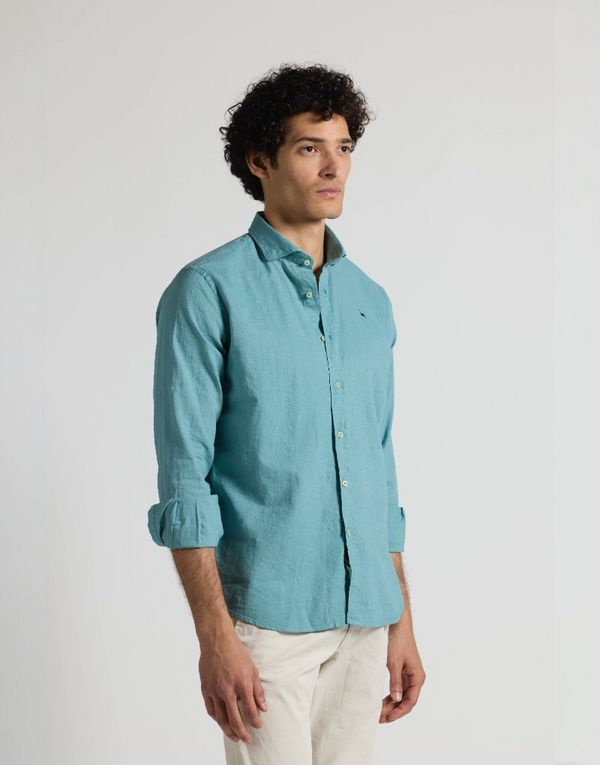 Camisa mezcla lino algodón azul petroleo
