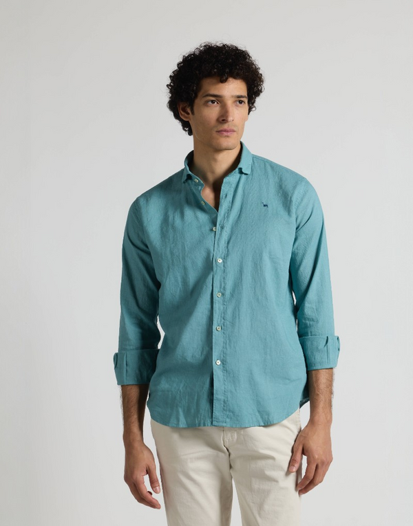 Camisa mezcla lino algodón azul petroleo