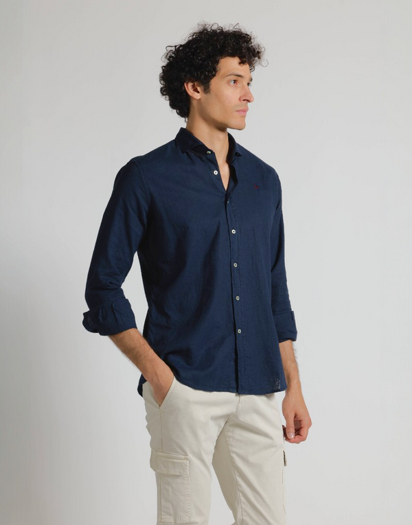 Camisa mezcla lino algodón azul marino
