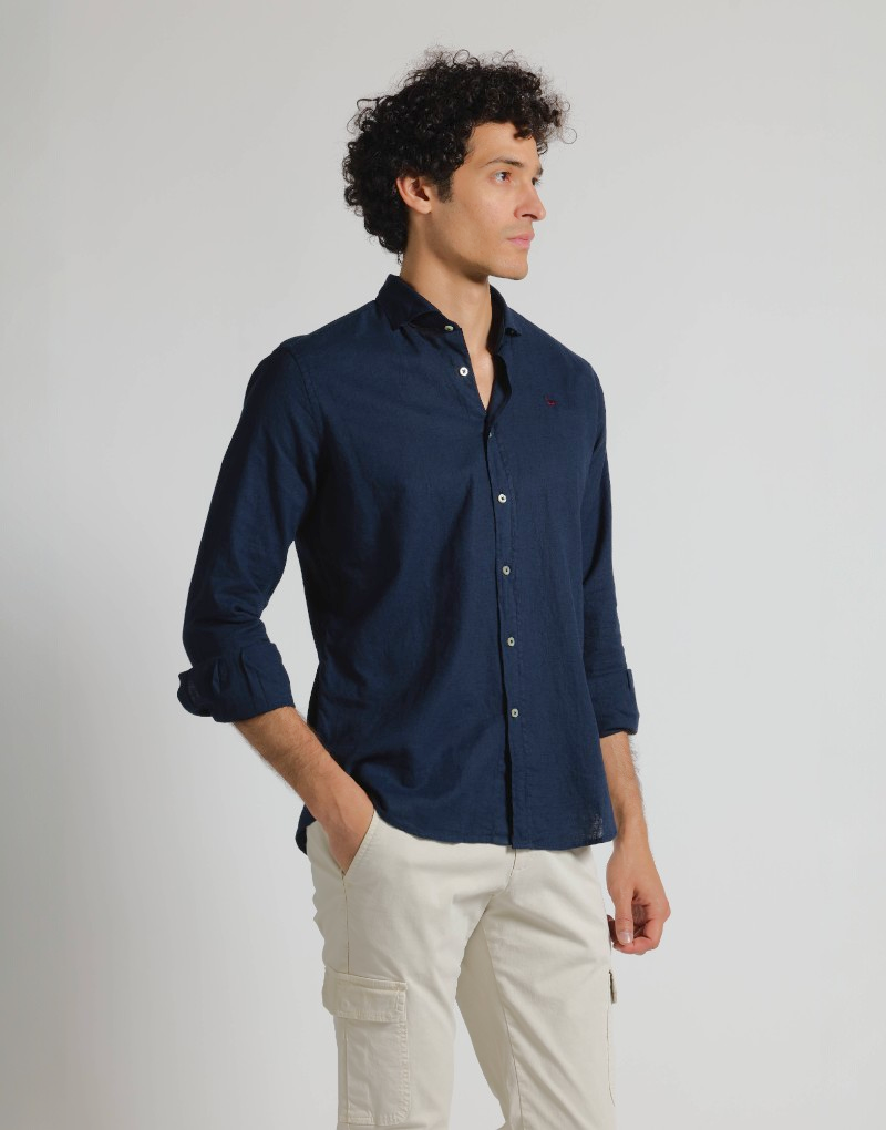 Camisa mezcla lino algodón azul marino