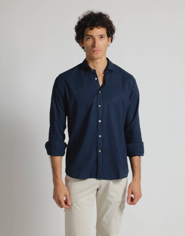 Camisa mezcla lino algodón azul marino
